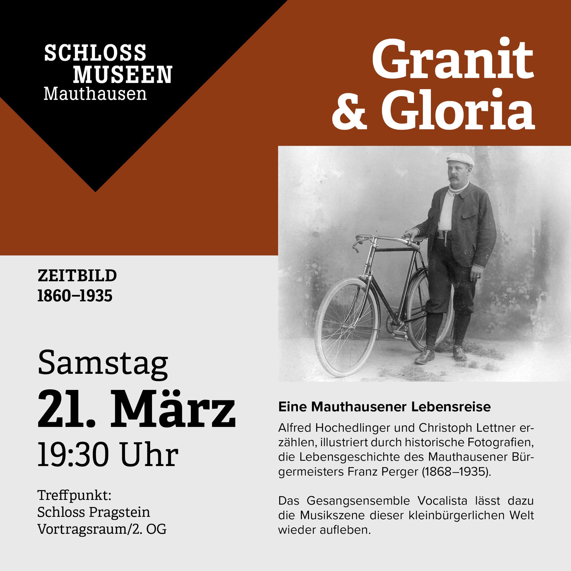 Plakat Granit & Gloria. Zeitbild 1860 bis 1935. Schloss Museen Mauthausen.